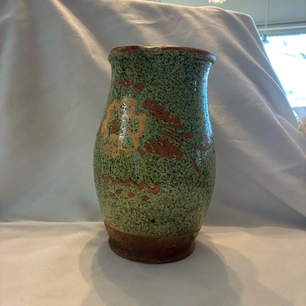 Italian ceramic pitcher rustic or folk art style, speckled green glaze Red Clay
